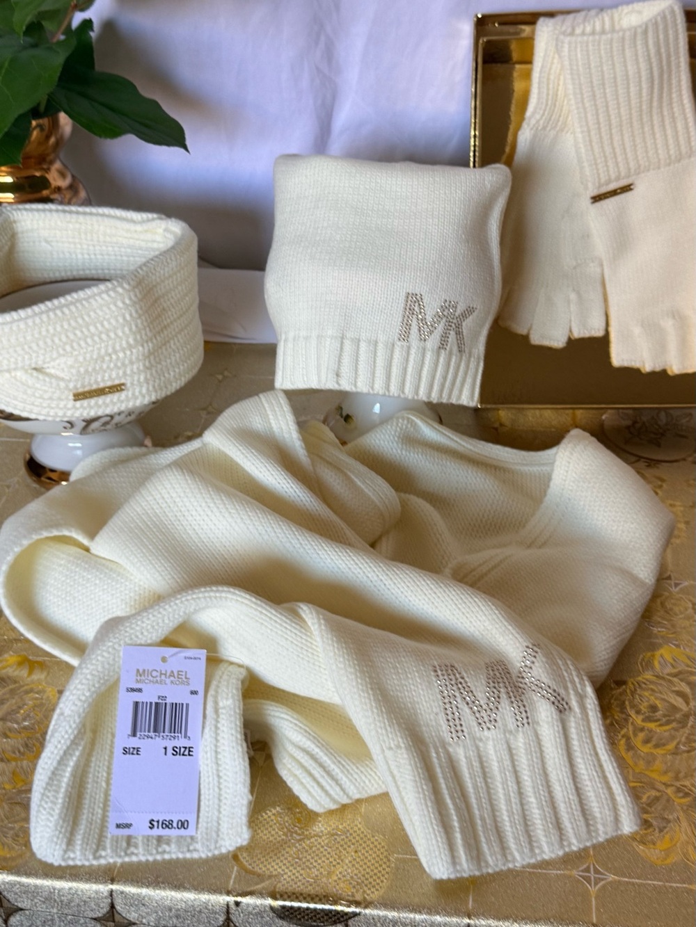 Michael Kors Cream scarf ,gloves,hat, bandana